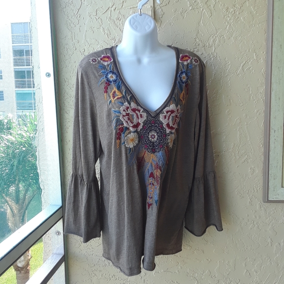 Johnny Was Tops - Johnny Was Taupe Embroidered Blouse